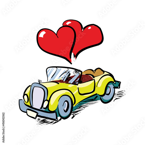 illustration of just married couple in car on white background