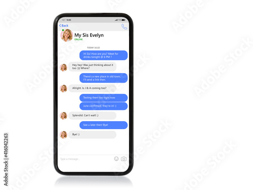 Mockup of mobile phone with sample chat app and text bubbles on screen
