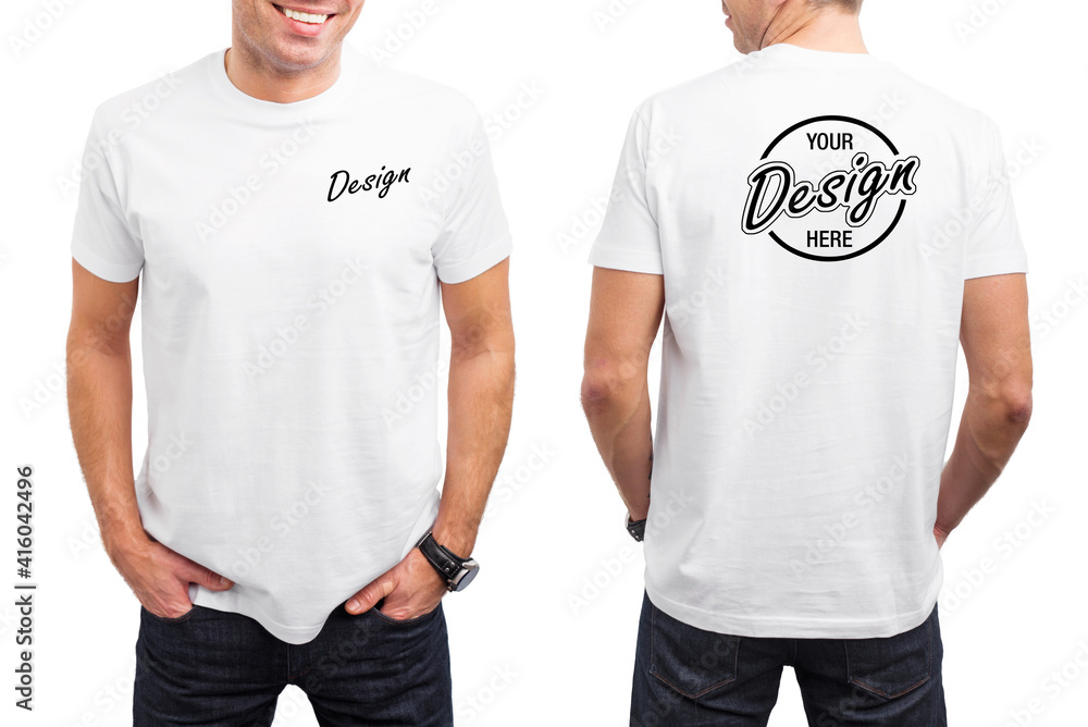 Men's white t-shirt template, front and back - obrazy, fototapety, plakaty 