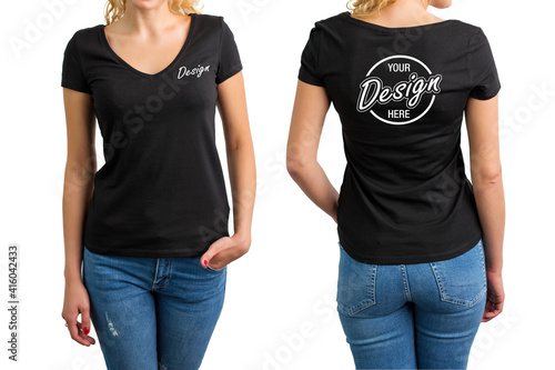 Women's black V-neck t-shirt template, front and back