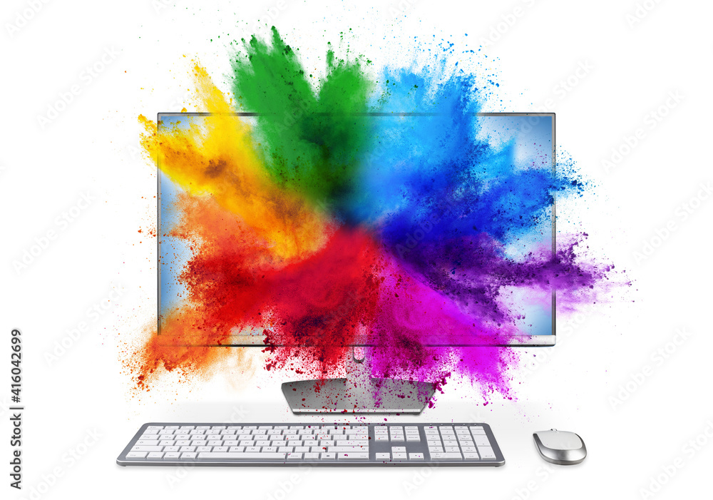 modern black silver pc monitor with mouse and keyboard colorful rainbow  holi powder cloud explosion through screen isolated white background.  computer multimedia abstract art streaming concept. Stock-Foto | Adobe Stock