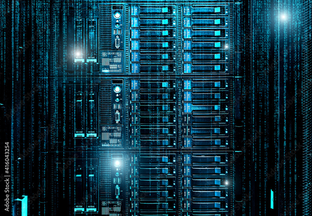 3D render Blade server in rack cluster hard drives storage tapes in internet data center room motion binary.