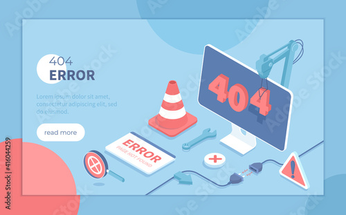404 Error Page not found. Internet connection problem. Electric plug socket unplug disconnection.  Isometric vector illustration for banner, website.