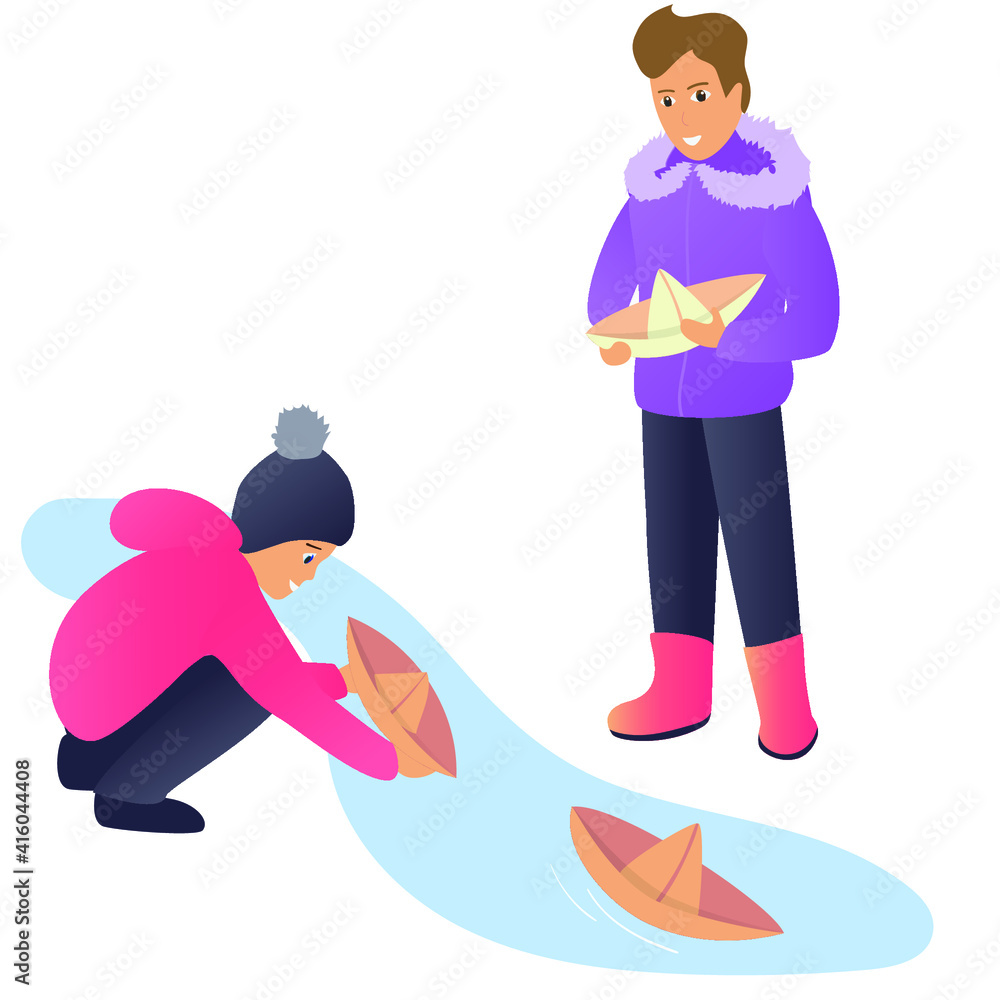Two boys make paper boats and float them down a stream. It`s spring, the snow is already starting to melt, but it is still cold outside. Children are dressed in warm clothes. Two boys make paper boats and float them down a stream. It`s spring, the snow is already starting to melt, but it is still cold outside. Children are dressed in warm clothes.