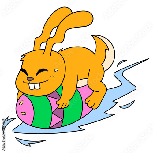 the rabbit riding the easter egg glided happily, doodle icon image kawaii