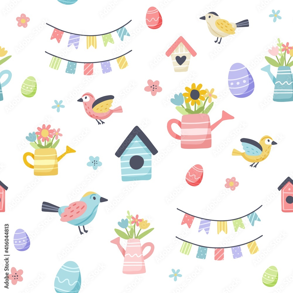 Easter spring pattern with cute eggs, birds and flowers. Hand drawn flat cartoon elements. Vector illustration