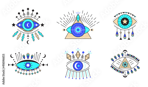 Evil eye icon vector set. Colorful Eye of providence and esoteric symbols. Magic signs for tarot cards. Witchcraft talisman, alchemy and magic tattoo in line style.