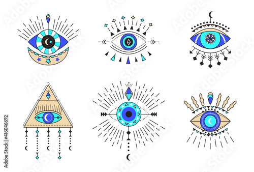 Evil eye icon vector set. Colorful Eye of providence and esoteric symbols. Magic signs for tarot cards. Witchcraft talisman, alchemy and magic tattoo in line style.