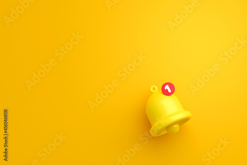 Notification message bell icon alert and alarm on yellow background with smartphone reminder. 3D rendering. photo