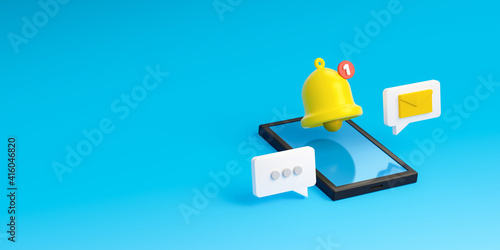 Notification message bell icon alert and alarm on blue background with smartphone reminder. 3D rendering.