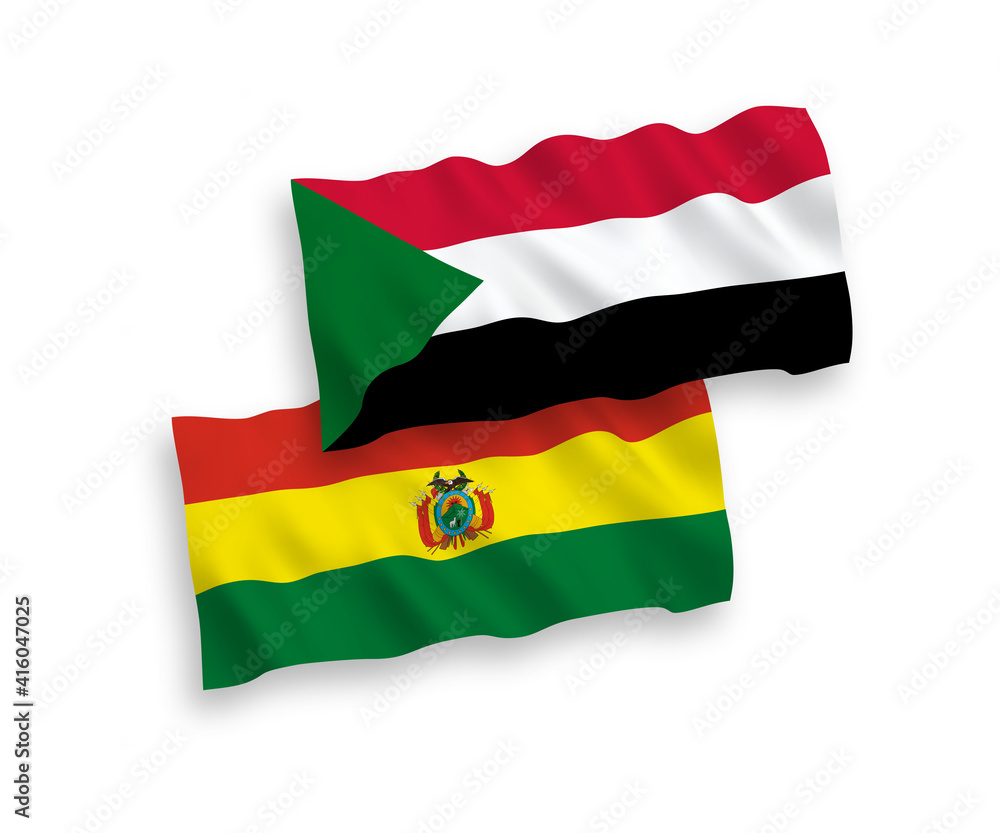 National vector fabric wave flags of Bolivia and Sudan isolated on white background. 1 to 2 proportion. National vector fabric wave flags of Bolivia and Sudan isolated on white background. 1 to 2 proportion.