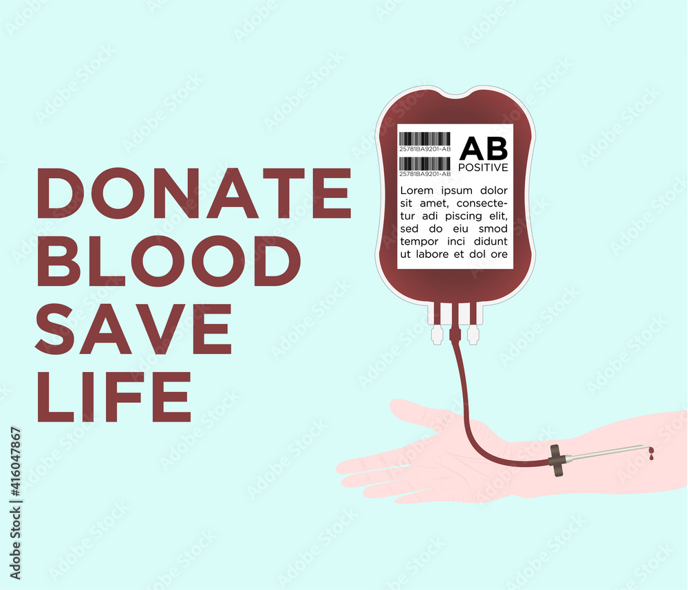 Blood donate vector illustration with a blood bag, hand and text. 