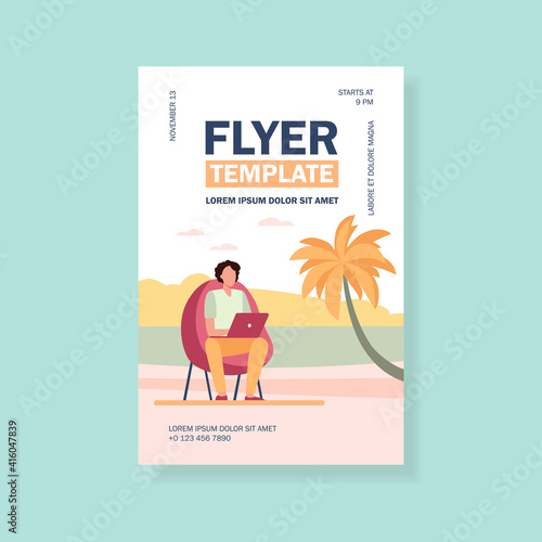 Man using laptop on tropical beach. Freelancers workplace with armchair outdoors flat vector illustration. Distance or remote working, freelance concept for banner, website design or landing web page