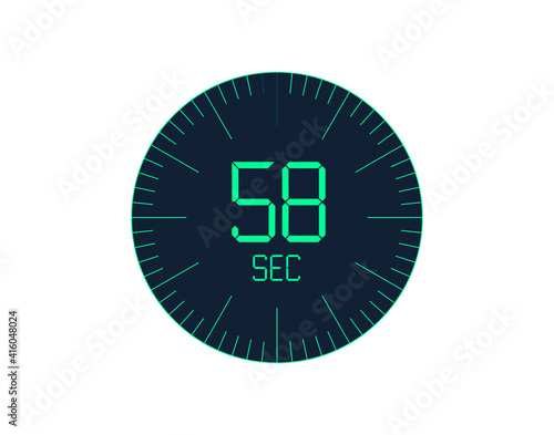 58 sec Timer icon, 58 seconds digital timer. Clock and watch, timer, countdown