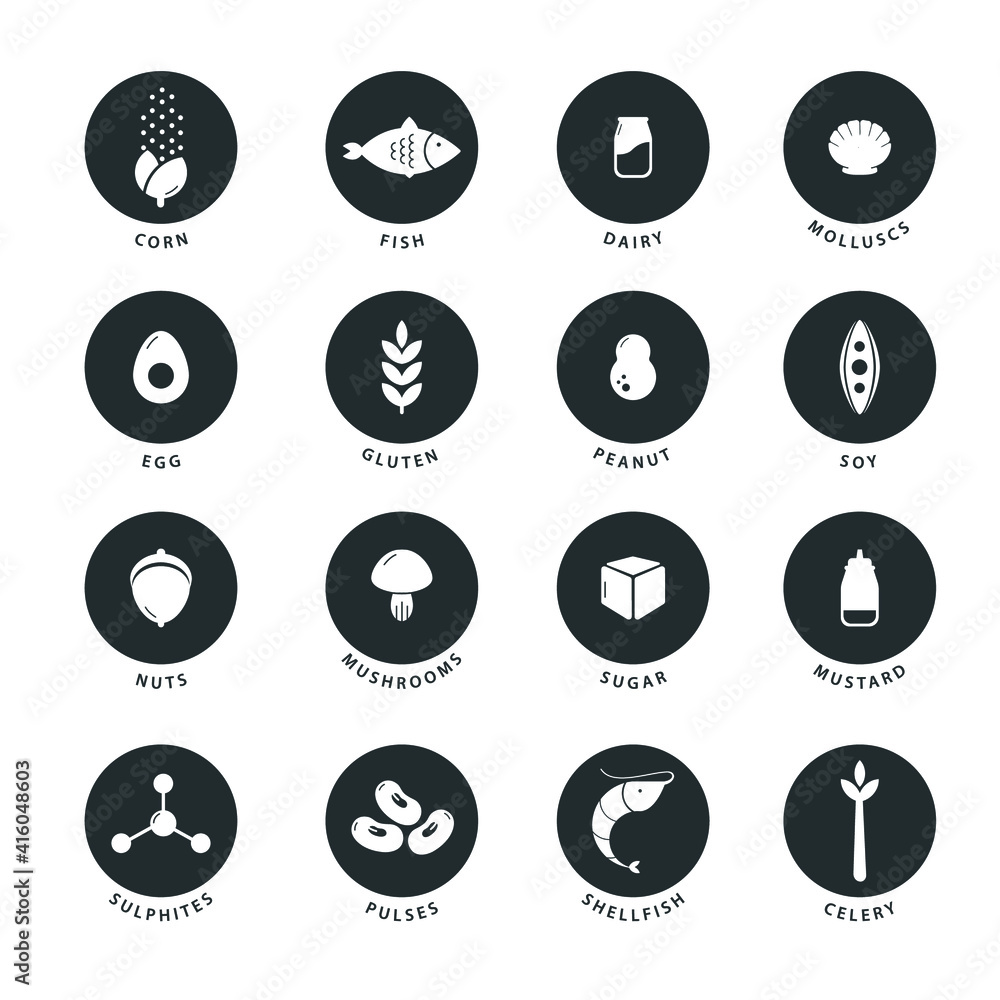 Allergens icons set - black and white Allergens icons set - black and white
