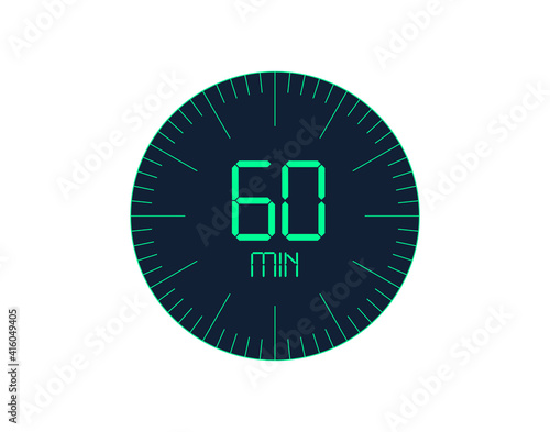 60 min Timer icon, 60 minutes digital timer. Clock and watch, timer, countdown