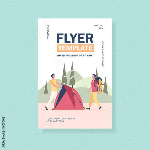 Two tourists pitching tent on meadow. Forest, nature. Flat vector illustration. Camping concept can be used for presentations, banner, website design, landing web page