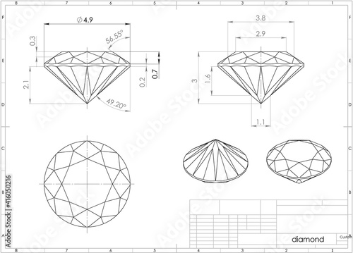 3d illustration of diamond above engineering drawing