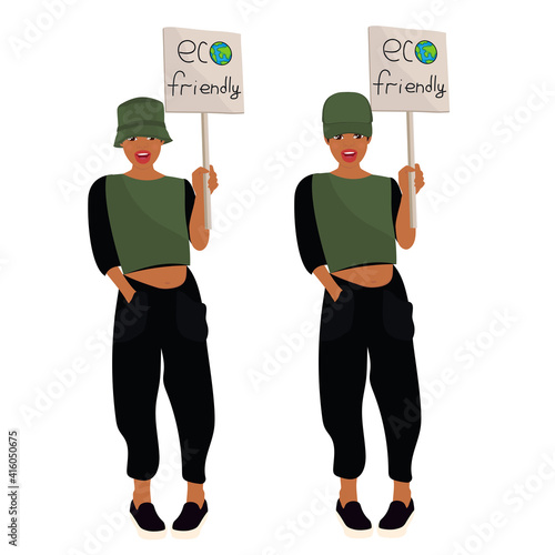 Ecology protest. Young woman activist. Save our planet, ecological movement, сlimate change, environmental activism concept. 