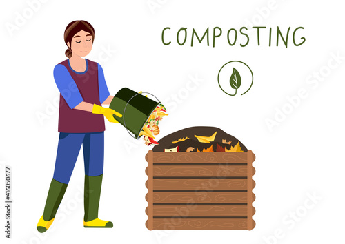 Composting. Woman making compost. Zero waste concept. Vector illustration.