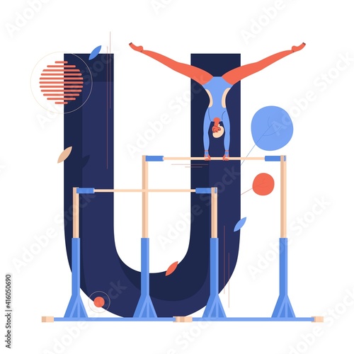 Uneven bars concept illustration with woman gymnast doing routine flying performance element and capital letter U on background. Cartoon character drawn in blue and orange