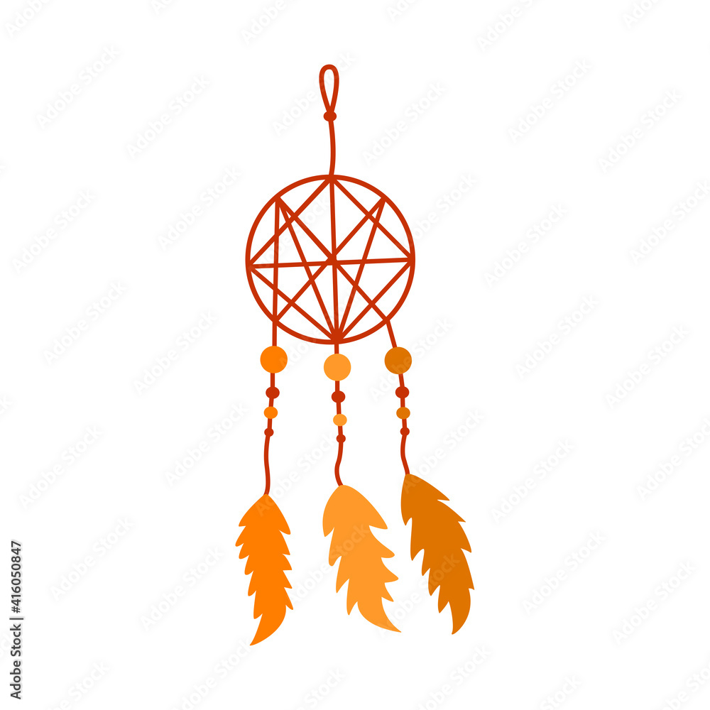 Dreamcatcher with three feathers. Protective amulet against insomnia and nightmares. Colorful vector illustration isolated in boho colors, ethnic symbol. Hand drawn icon