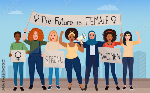 Protests for women's rights. Vector illustration. 