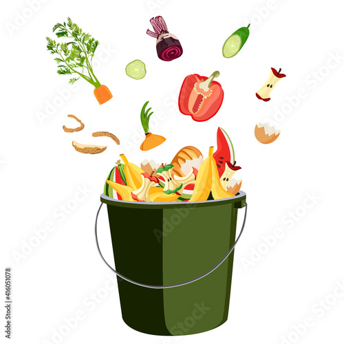Trash bin for composting with leftover from kitchen. Kitchen food waste. Zero waste. Vector illustration.