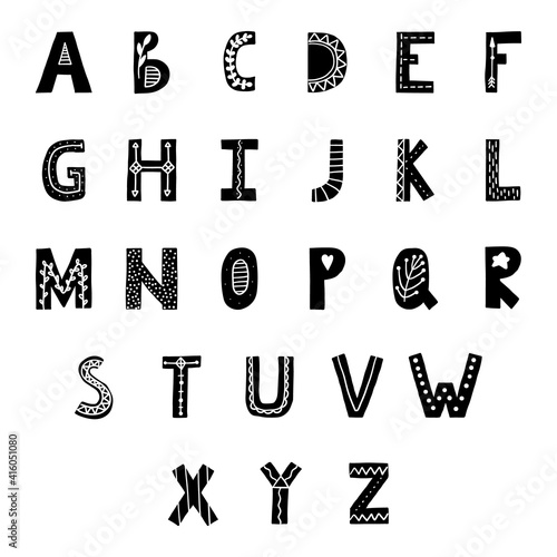 Scandinavian ornament alphabet. Nordic style latin nurcery handdrawn font. Vector cartoon hand drawn decorative letters