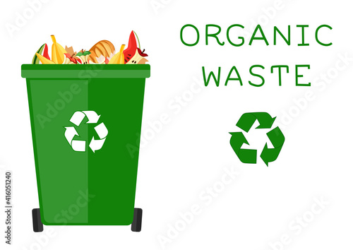Cartoon dumpster with food garbage. Illustration for food processing and compost, organic waste, zero waste theme. Flat vector design. 