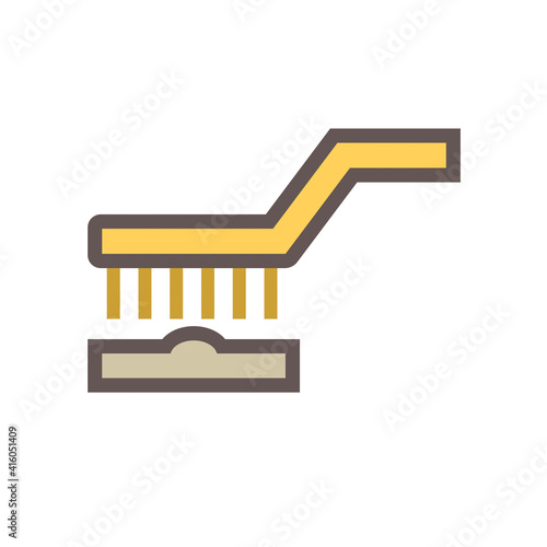 Welding work or metal workpiece cleaning by using wire brush to remove slag, rust, paint and dirt. Device is tool consist of steel wire or bristle made from brass or stainless steel. Vector icon.