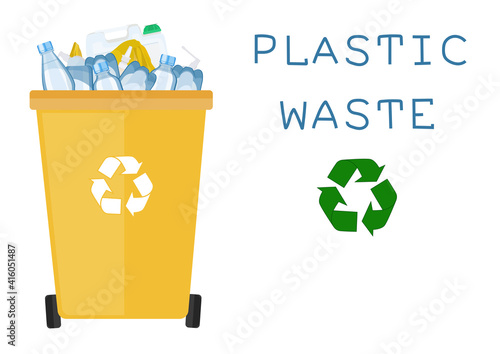 Plastic waste vector illustration. Water bottle, cup, package, canister. Recycling ecology problem isolate on white background objects collection.