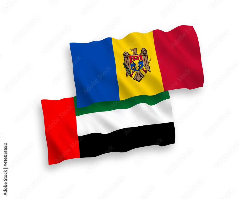 Obraz premium National vector fabric wave flags of Moldova and United Arab Emirates isolated on white background. 1 to 2 proportion.