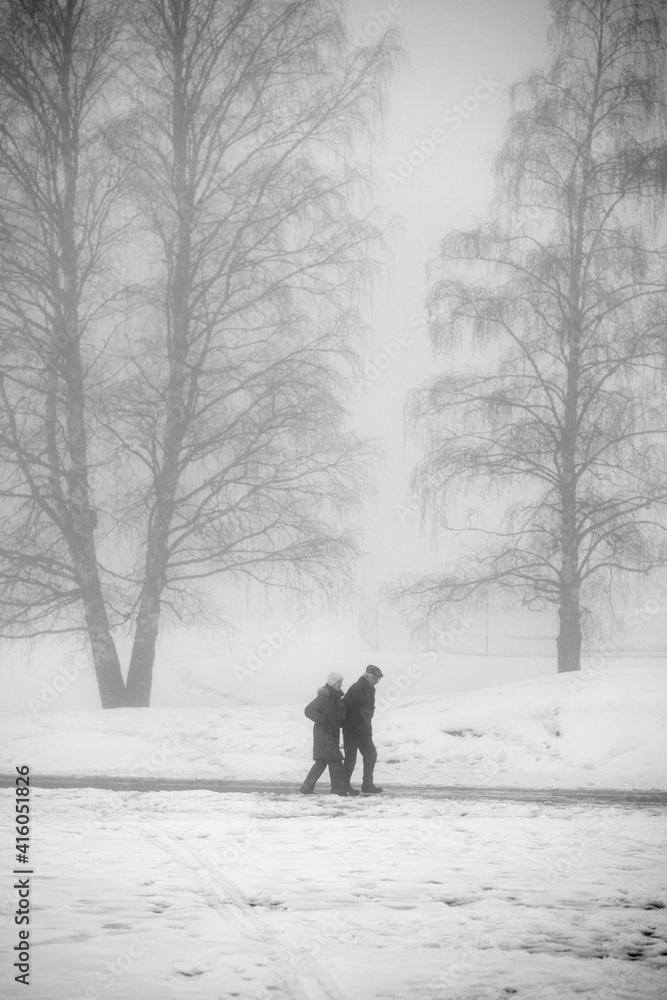 In the misty morning. It's dark and grey outside. The young girl is walking and wonder over the great nature. Moody and dramatic scenery. In the misty morning. It's dark and grey outside. The young girl is walking and wonder over the great nature. Moody and dramatic scenery.