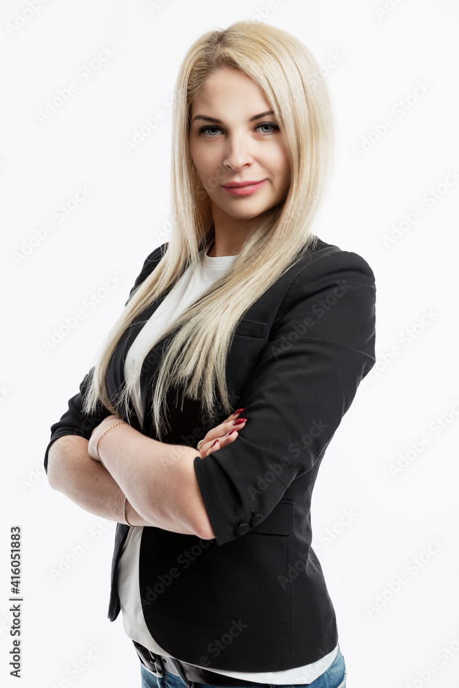 Young business woman in a black jacket. Beautiful blonde. Vertical. Young business woman in a black jacket. Beautiful blonde. Vertical.