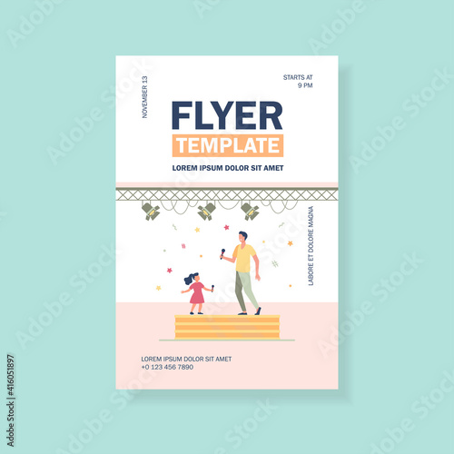 Kid and adult singers duet. Celebrity dad and daughter singing together on stage flat vector illustration. Performance, show, childhood concept for banner, website design or landing web page