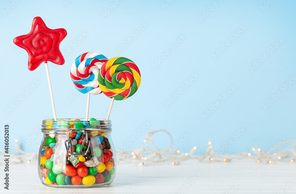 Various sweets assortment. Candy, bonbon, lollipop