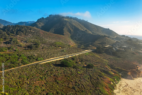 Aerial view from drone, beautiful landscape on Pacific Highway 1, travel south to Los Angeles, Big Sur, California. Concept, vacation, tourism