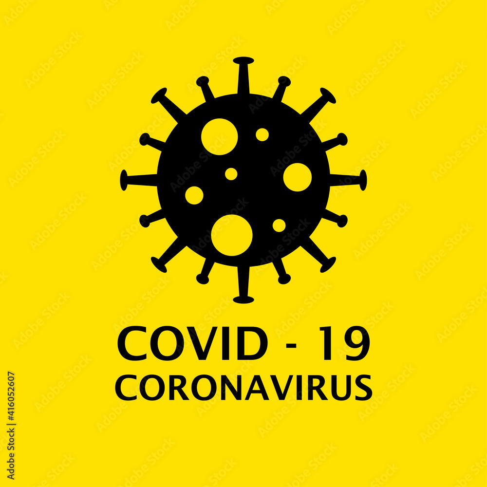 Obraz premium Dangerous virus icon illustration. Crown virus warning sign logo concept isolated on yellow background. COVID 19. Illustration of a dangerous virus icon. Pandemic. Vector