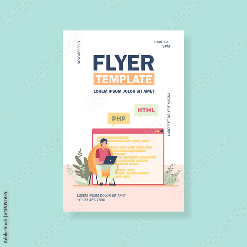 Developer writing code for website. Laptop, computer, designer flat vector illustration. Coding and programming concept for banner, website design or landing web page