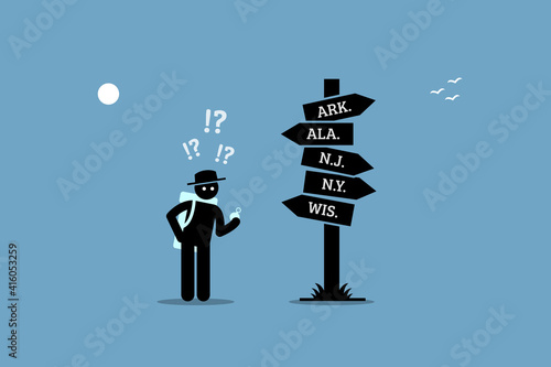 Traveler holding a compass, lose his way and confused with a road sign. Vector illustration concept of misdirection, searching destination, and uncertain, and wrong direction.