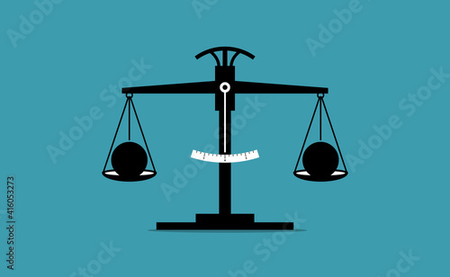 Scale of justice measuring the weight of two objects and they are equal in weight. Vector illustration concept of same, balanced, unbiased, and justice. photo