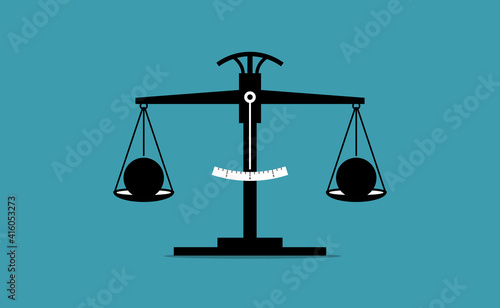 Scale of justice measuring the weight of two objects and they are equal in weight. Vector illustration concept of same, balanced, unbiased, and justice.