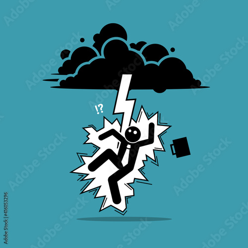 Businessman struck by lightning or thunder from the dark cloud. Vector illustration concept of bad luck, misery, unfortunate, unlucky, disaster, risk, and danger.
