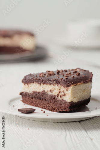 Delicious homemade brownie cheesecake. Food photo.