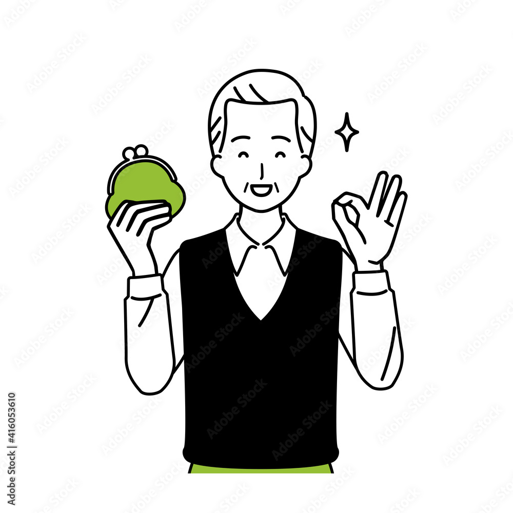 Illustration of a senior with a wallet, upper body. Illustration of a senior with a wallet, upper body.