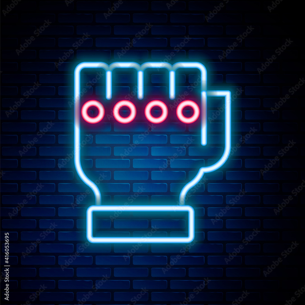 Glowing neon line MMA glove icon isolated on brick wall background. Sports accessory fighters. Warrior gloves. Colorful outline concept. Vector. Glowing neon line MMA glove icon isolated on brick wall background. Sports accessory fighters. Warrior gloves. Colorful outline concept. Vector.