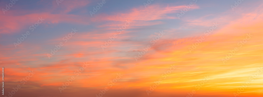 Panoramic view of  colorful Sunset  Sunrise Sundown Skyscape