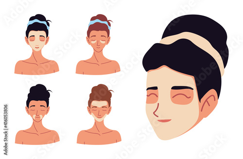 faces cartoon women applying cream taking care of her skin