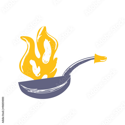 frying pan flame cooking sketch isolated style
